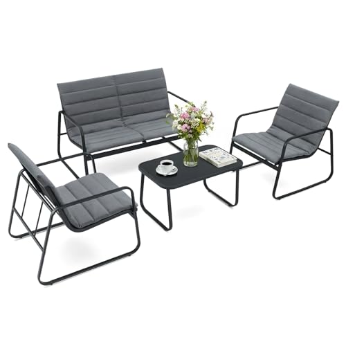 GOPLUS Salon de Jardin Exterieur 4 Personnes avec Coussins Amoivibles, 4+2 Pcs Salon de Jardin avec Canapé Jardin, 2 Chaises &1 Table Basse en Verre Trempé, pour Balcon, Terrasse, Cour