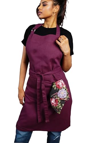 Image of Kitchen Apron - 100% Cotton, Adjustable Neck strap, Large Pocket - Unisex Apron for Men & Women - Cooking, Baking, BBQ, Gardening - Solid Colours, Striped and Checkered Patterns