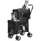 Pet Stroller Double Deck 4 Wheels - Easy-Fold Dog Cat Stroller for Small Medium Dog Cats Carrier, Travel Folding Carrier Breathable and Visible Mesh with Cup Holder (Black)