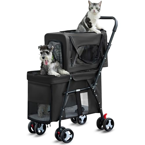 Pet Stroller Double Deck 4 Wheels - Easy-Fold Dog Cat Stroller for Small Medium Dog Cats Carrier, Travel Folding Carrier Breathable and Visible Mesh with Cup Holder (Black)