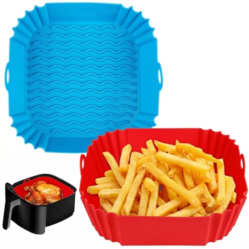 Boribim 2 PCS Square Silicone Air Fryer Liners - 8 Inch Reusable Air Fryer Pot - Air Fryer Accessories - Air Fryer Inserts for 4 to 7 QT Oven Microwave Accessories (Red + Blue)