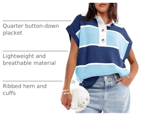 Image of Saodimallsu Women's V Neck Button Down Striped Short Sleeve Knit Sweater