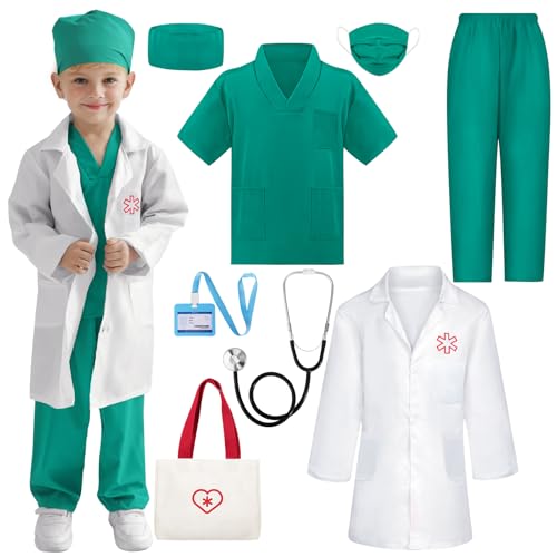 Phobby Doctor Costume for Kids 3 4 5, Toddler Medical Dress up Clothes with Real Stethoscope & Carry Bag, Nurse Outfit for Girls Boys Birthday Christmas Gift (Green)