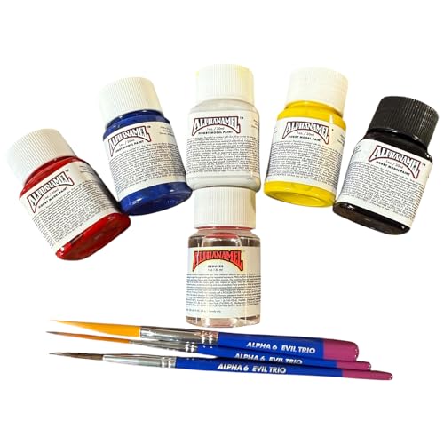 Alpha 6 - Hobby/Model Pack - Alphanamel Primary Color Set - 5 Colors of 1 oz Bottles with Reducer & Triple Threat Striping Brushes 1 oz Each