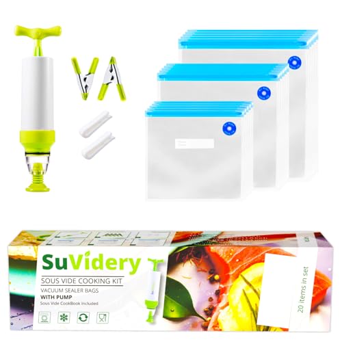 SuVidery Sous Vide Bags - 15 Reusable Vacuum Sous Vide Cooking Bags - 3 Sizes Sous Vide Bag Kit with Clips and Pump - Compatible with Anova and all Sous Vide Cookers