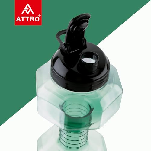 Image of Attro Dumbbell Water Bottle 2 Liter Plastic Bottle with Grip Handle Stylish Bottle for Gym Lover BPA Free, Food Grade, Leakproof- Green