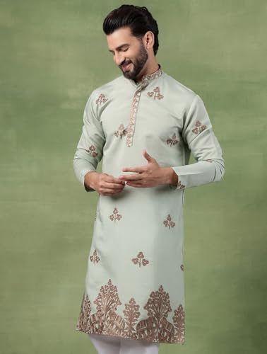 Image of SOJANYA (Since 1958 Men's Cotton Contrast Coffee Thread Embroidered Long Kurta