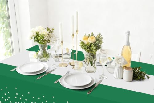 Image of Smiry Plastic Table Cloth Disposable 8 Pack, 54 x 108 Inch Rectangle Waterproof Tablecloth, Printed Gold Table Runner Style for Birthday Weeding, Party Decorations, Sturdy, White and Christmas Green
