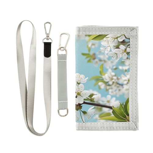 White Flowers Green Leaves Kids Wallet for Boys Girls Outdoor Sport Trifold Wallets for Teen Children Youth Wallet with Zippered Coin Pockets Card Holders Front Pocket Wallets with Magic Sticker2