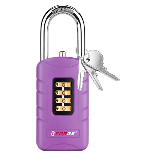 Forge 4-Digit Combination Padlock with Backup Keys, Recover Forgotten Code, Waterproof Outdoor Lock, Anti-Pick, for Locker, Gate, Fence, Hasp, Storage. (Purple 1, Short Shackle Purple 1 Lock)