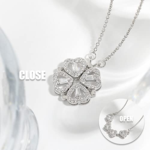 Clover Necklace - Four Leaf Clover Necklaces For Women Magnetic 2 In 1Shamrock Jewelry Lucky Green Leaves Necklace For St. Patrick's Day Valentine's Day Women Teen Girl Party Statement Dress Sweater Anniversary (Sliver) #TOP2