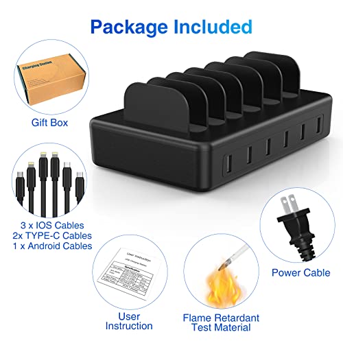 Charging Station For Multiple Devices, Zxswonly 50W 6 Ports Cell Phone Charging Station For Apple Devices With 6 Cables Compatible With Cellphone, Tablet, Ipad,Kindle And Other Electronic (Black) #TOP3