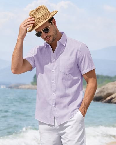 Image of J.VER Mens Linen Shirt Short Sleeve Button Down Casual Summer Shirts | Cotton Linen, Untucked, Big Tall, from Beach Camp Vacation, Cruise Fishing, Work Office, to Wedding Party Family, with Pocket