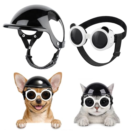 SlowTon Dog Helmet and Goggles - UV Protection Doggy Sunglasses Dog Glasses Pet Motorcycle Helmet Hat with Ear Holes Adjustable Belt Safety Hat for Small Medium Large Dogs Puppy Riding (Black, XS)