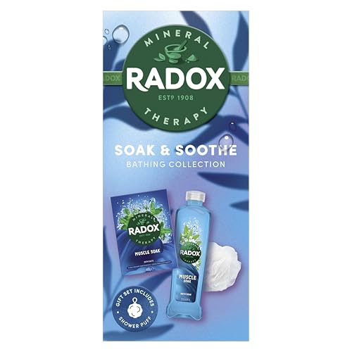 Radox Soak & Soothe Bathing Collection Gift Set with a bath soak, bath salts, and a shower puff perfect for any occasion 2 piece