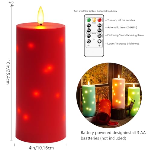 Image of kakoya 10 inch x 4 inch Large Outdoor Waterproof Flickering Flameless Candles with Timer,2Pcs Battery Operated LED Pillar Candles with Embedded Star String for Outdoor Lanterns,Porch,Patio Decor(red)