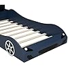 Harper & Bright Designs Twin Size Race Car Bed with LED and Upholstered Backrest Headboard, PU Car-Shaped Platform Bedframe with Wheels, Wood Slat Support, No Box Spring Needed, Blue