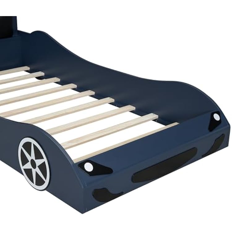 Harper & Bright Designs Twin Size Race Car Bed with LED and Upholstered Backrest Headboard, PU Car-Shaped Platform Bedframe with Wheels, Wood Slat Support, No Box Spring Needed, Blue