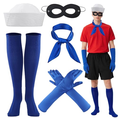 Wenceda 5 Pcs Halloween Barnacle Sailor Costume Accessories for Adult, Sailor Hat/Black Eye Mask/Blue Scarf/Gloves/Socks, Sailor Costume for Men Adults Party Cosplay Halloween