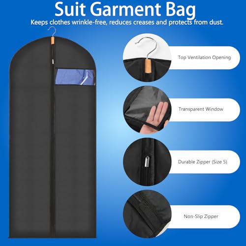 6 Pack Suit Bags Garment Bags for Hanging Clothes, Waterproof Dustproof Moth-proof Clothes Covers with Zip, Suit Storage Bags for Suits, Dresses, Coats, Gowns and Jackets, 60 x 100 cm, Black - Image 5