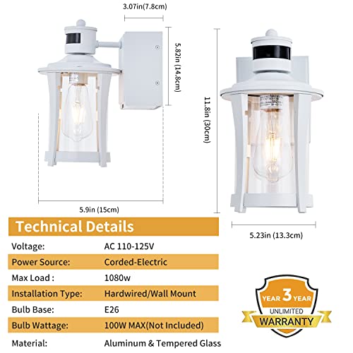 Dusk To Dawn Motion Sensor Outdoor Lights With Gfci Outlet, Ul Etl Listed Anti-Rust 3 Lighting Modes Exterior Waterproof Porch Lights, Aluminum Farmhouse Wall Light For Garage House Courtyard, White #TOP5