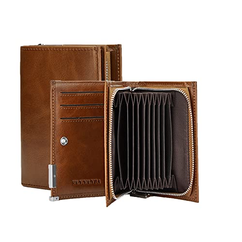 VANNANBA Oil wax Genuine Leather Men Wallet,Zipper RFID Blocking Wallet for men (yellowish brown)