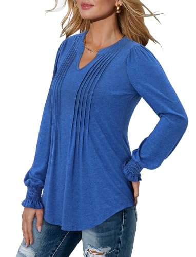 BETTE BOUTIK Long Sleeve Shirts for Women Fall Tops Dressy Blouses Pleated V Neck Tunic Tops for Leggings S-3XL