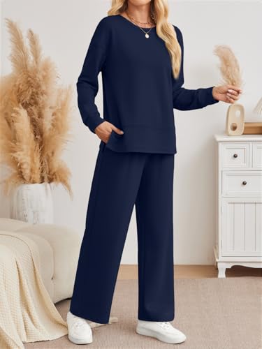 AUTOMET Womens 2 Piece Sweatsuits Outfit Lounge Sets Side Slit Sweatshirt Wide Leg Tracksuit Travel Loungewear with Pockets3