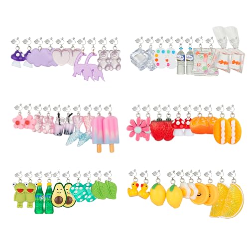 30 Pairs Weird Cute Funny Fun Dangle (or Clip on) Earrings set for Women Unique Bear Duck Mushroom Fruit Flowers Food Animal Drop Dangle Aesthetic Earrings Gifts for Women