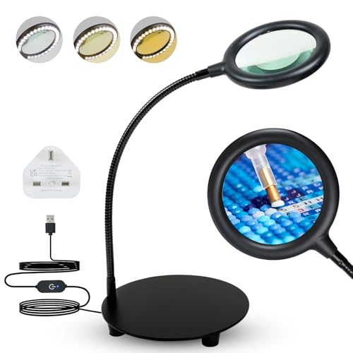 6X Magnifying Glass with Light and Stand, 3 Color Modes Dimmable LED Lighted Desk Lamp, Hands Free Flexible Gooseneck Magnifier with Light for Close Work Hobby Craft Painting Sewing