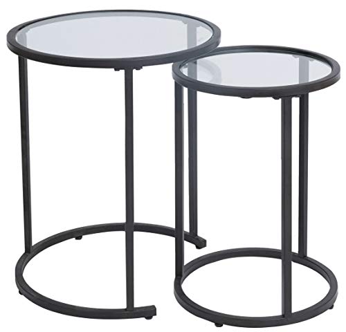 Round Clear Glass Nesting Side End Tables Set of 2, Small Stacking Coffee Table for Small Space Living Room, Bedroom (Black)