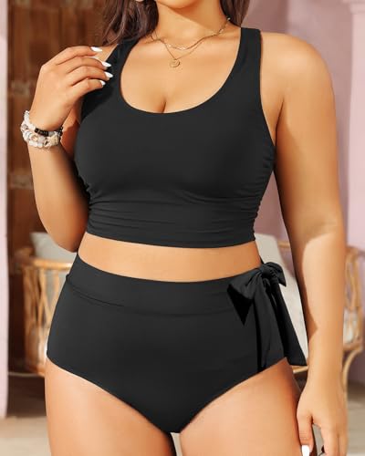 Plus Size Two Piece Swimsuits - Women High Waisted Bikini Scoop Neck Bathing Suit Swimwear3