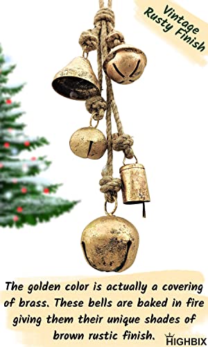 Highbix Set Of 5 Rustic Harmony Jingle Bells Cluster Vintage Handmade Lucky Christmas Hanging Mix Décor Bells On Rope #TOP4