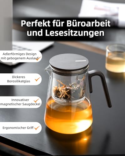 ZENS Magic Teekanne Glas mit Sieb, Teezubereiter für Losen Tee mit Magnet Sauger-Deckel, 1000ml Tea Maker for Tee Zubereitung, Teapot Griff aus Schwarznussholz, Teeliebhaber Geschenke