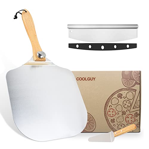 COOLGUY Aluminum Pizza Peel & Pizza Cutter & Pizza Server, with Foldable Wooden Handle, Easy-to-use Pizza Peel 12 inch x 14 inch, Metal Pizza Spatula for Making Pizza