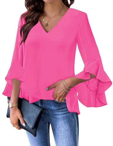 Relipop Womens Blouse Ruffle 3/4 Sleeve Tops V Neck Business Casual Blouses Shirts Spring Summer Outfits 2025