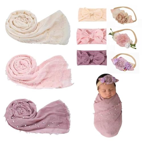 9PCS Newborn Wrap Photography Props Kits, Newborn Swaddle with 3
