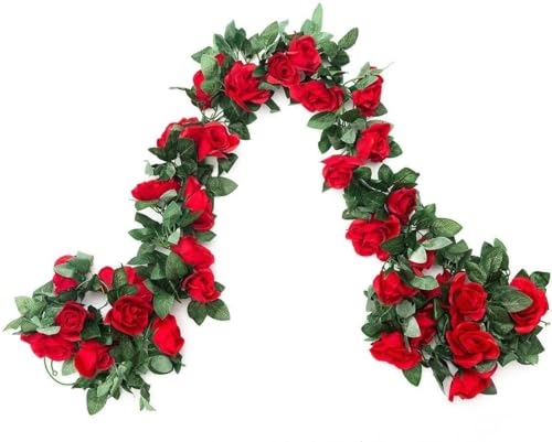 SWSTINLING 2 Pack 16FT Artificial Rose Garland Vine - Silk Fake Red Rose Flower Hanging Vine for Wedding Arch Home Wall Decor Valentines Day Mothers Day Derby Day Party Decoration