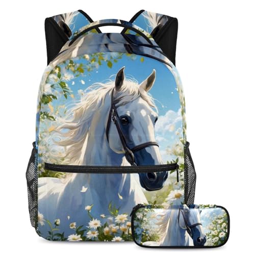 Sac à dos ergonomique cheval et fleur grande capacité pour soulager le dos
