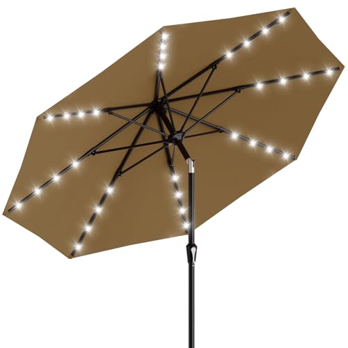 Image of AreShark 9FT Patio Umbrella with Solar Lights, 32 Lighted Pool Umbrella w /Tilt and Crank, Outdoor Market Solar Umbrellas for Garden, Deck, Backyard, Pool and Beach, Khaki