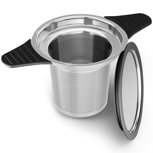 Reinmoson Large Tea Strainers & Filters for Loose Tea Single Cup, 304 Stainless Steel and Food Grade Silicone Extra Fine Mesh Tea Infusers for Loose Tea