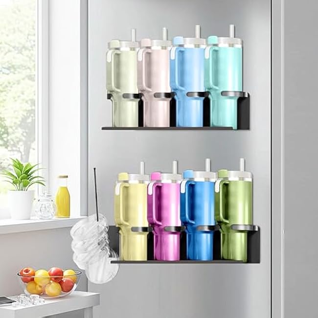 Magnetic Fridge Cup Holder for Stanley 20/30/40 oz with Tumbler Lid Organizer, Strong Magnetic Water Bottle Storage Rack (Black, 8 Cup)