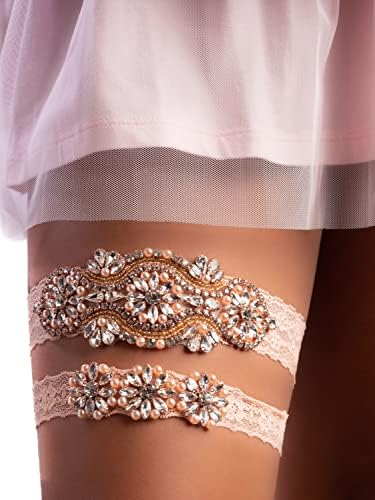 Princess V Gorgeous Rose Pearl & Rhinestone Champagne Wedding Garter Belt with Toss Garter. Bridal Lingerie Gift. Sexy Rose Gold Sequin with a Lace Band-2 pc Set (PVYPG-RG1)