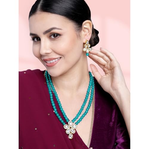 Image of Peora Crystal Faux Pearl Kundan Necklace & Jewellery Set Gift for Women