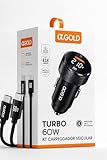 Carregador Veicular Turbo 60W Para Automóvel Carregador de Carro Duas Entradas com Carregamento Super Rápido + Cabo USB-C Premium Compatível Com Dispositivos IOS e Android