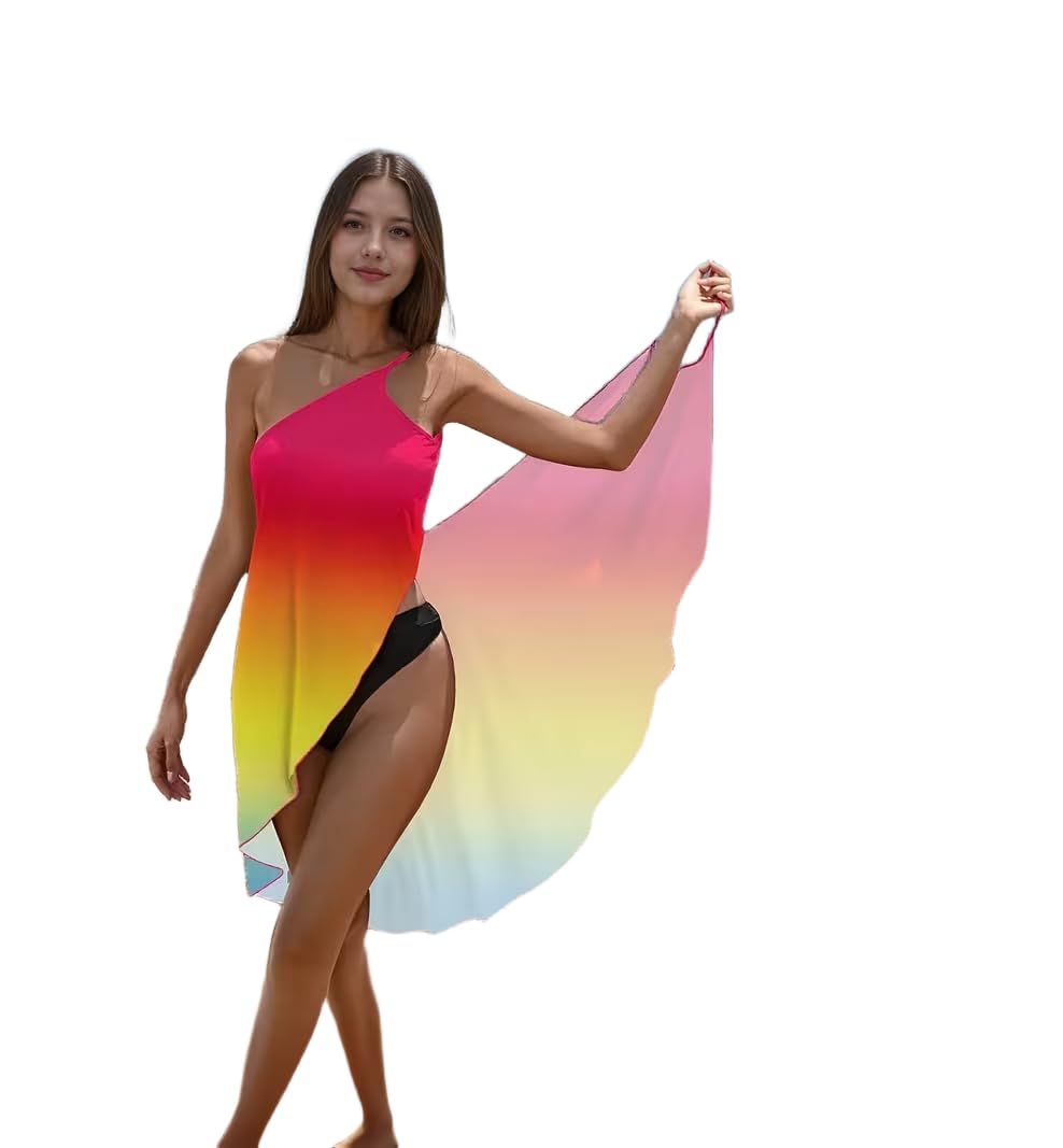 Rainbow Gradient Beach Sarong Cover Up for Women, Georgette Wrap with Pom-Pom Trim, Tropical Sunset Print, Free Size