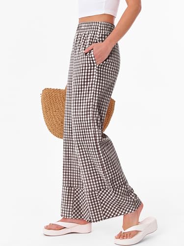 ANRABESS Womens Gingham Striped Boxer Pants Pajama Lounge PJ Bottoms Plaid Wide Leg Casual Cute Fall Trousers with Pockets3