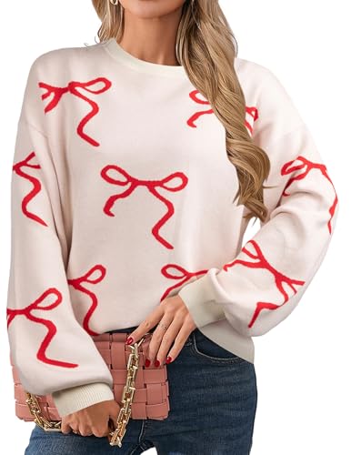 UNIQUEONE Oversized Bow Sweater Y2K Crew Neck Drop Shoulder Long Sleeve Knit Pullover Tops Fall Outfits Trendy Pink White