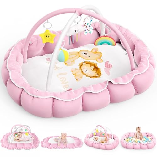 Image of OCATO Baby Play Mat Gym: Baby Girl Gifts Tummy Time Mat Baby Play Gym Thick Large Baby Activity Center from Baby to Toddler Skills Development Baby Essentials Baby Shower Gifts Ball Pit Cat Dog Bed