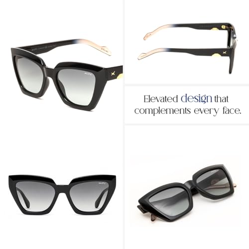 Image of XITE Polarized Cat Eye Sunglasses for Women | Stylish Oversized Square Black Frame with Smoke Gradient Lens | UV400 Protection | Trendy Designer Eyewear for Driving, Travel & Outdoor (1077)